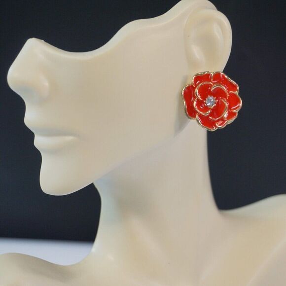 Red Rose Enamel Flower Stud Earrings - Picture 1 of 8